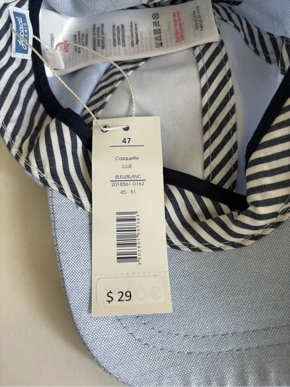 Jacadi l’esprit Baby Oxford ball cap - Blue/White 12M/47cm - NWT